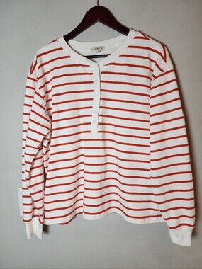 French Terry Henley Long Sleeve Shirt Orange White Stripe Cotton XL Molly Yeh